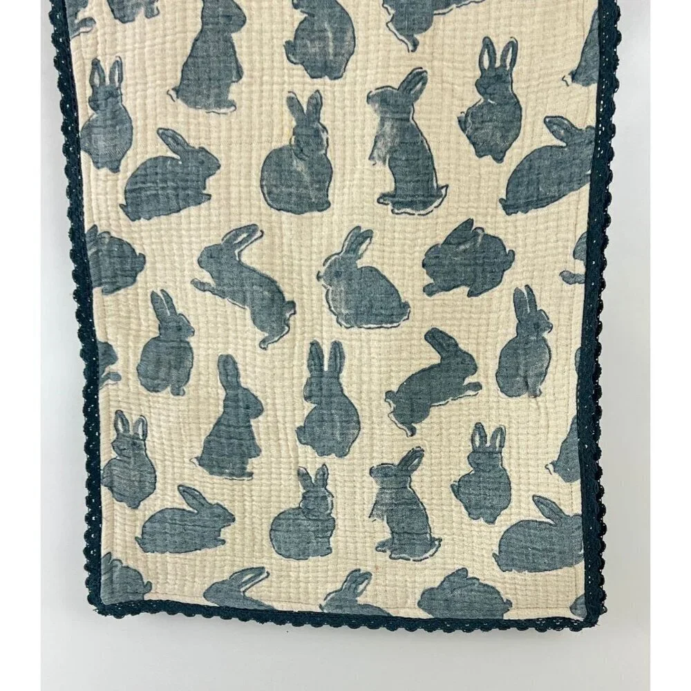 Rachel Ashwell Farmhouse Table Runner With Blue Bunny Print & Lace Trim 16